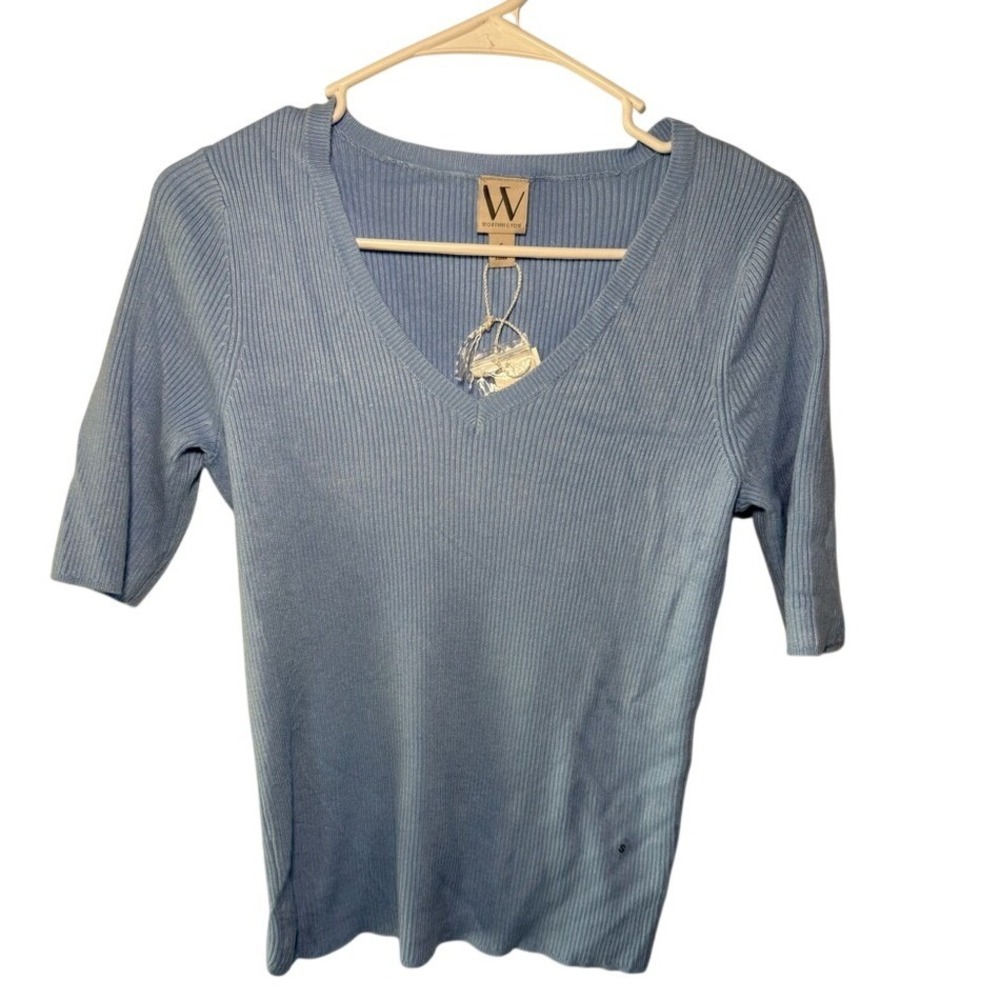 Worthington Light Blue Ribbed‎ V-Neck Short Sleeve Sweater Top Small NWT